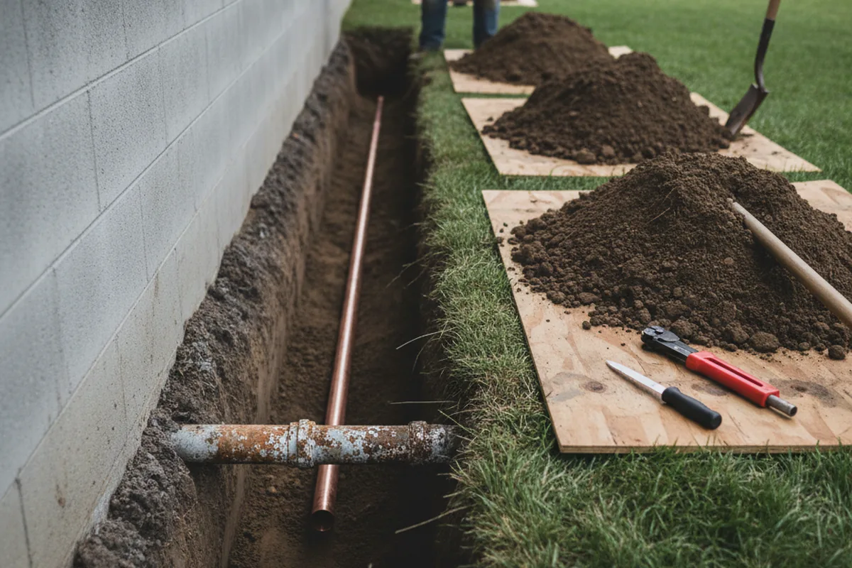 Excavated water line trench during Water Softener Installation in Lincoln City